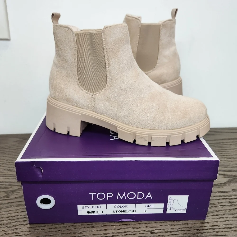 Top Moda Suede Chunky Sole Boots Womens 10 Beige Fall Combat - Picture 5 of 12